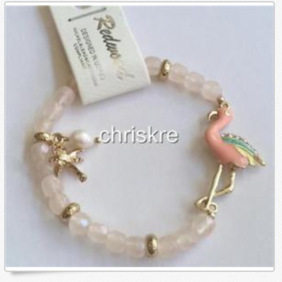 Pink Flamingo Charm Bracelet Freshwater White Pearl Palm Tree Gold Tone Beaded - Picture 2 of 9